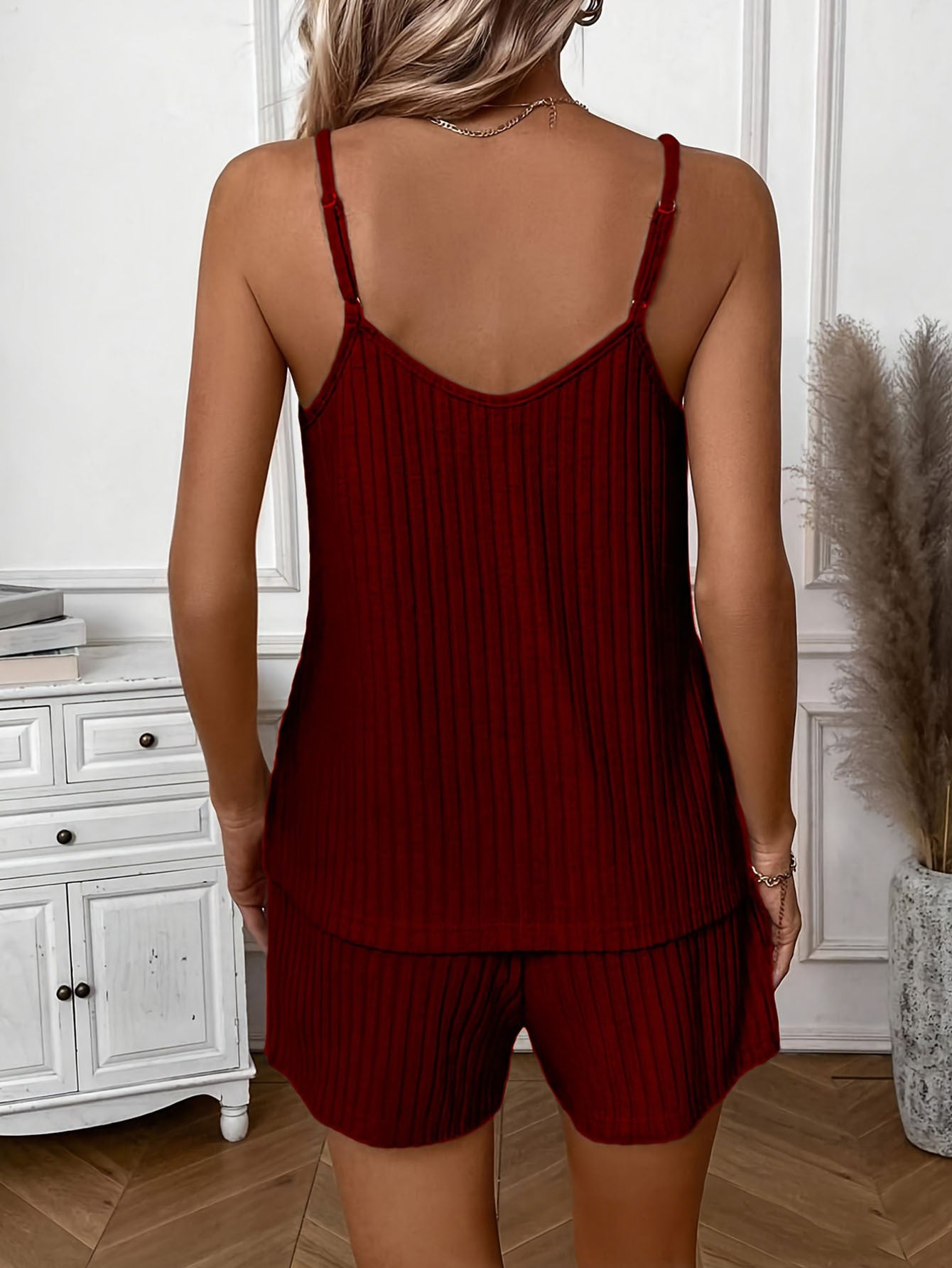 Women's Versatile Ribbed Solid Color Vest Top with Casual Shorts 2pcs Set