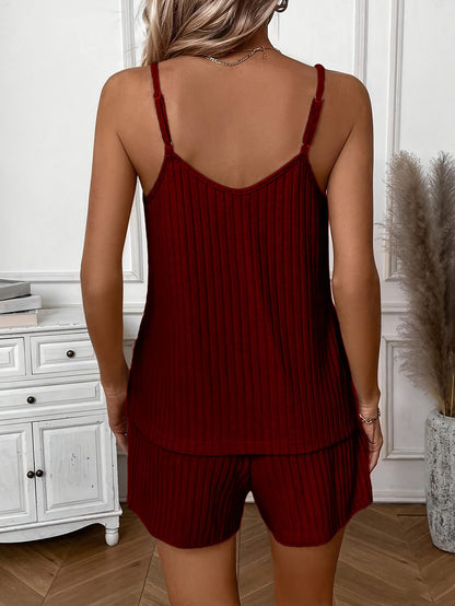 Women's Versatile Ribbed Solid Color Vest Top with Casual Shorts 2pcs Set