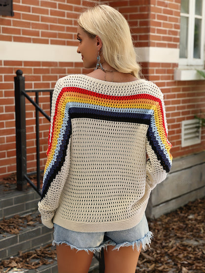 Women's Countryside Style Colorful Striped Hollow-Out Sweater - Fall Winter Long Sleeve Crewneck Pullover|Cute Y2K Fashion Top, Casual Streetwear for Autumn, Trendy Vacation Outfit