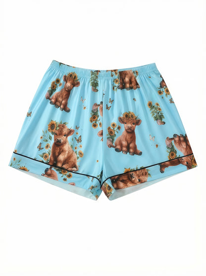 [3pcs Women's Pajama Set] 3pcs Casual Women's Pajama Set | Features A Lapel Collar, Short-sleeved Top with Button Closure, Paired with Shorts And Long Pants, Adorned with Floral And Cow Patterns. Comfortable Loungewear Suitable for All Seasons