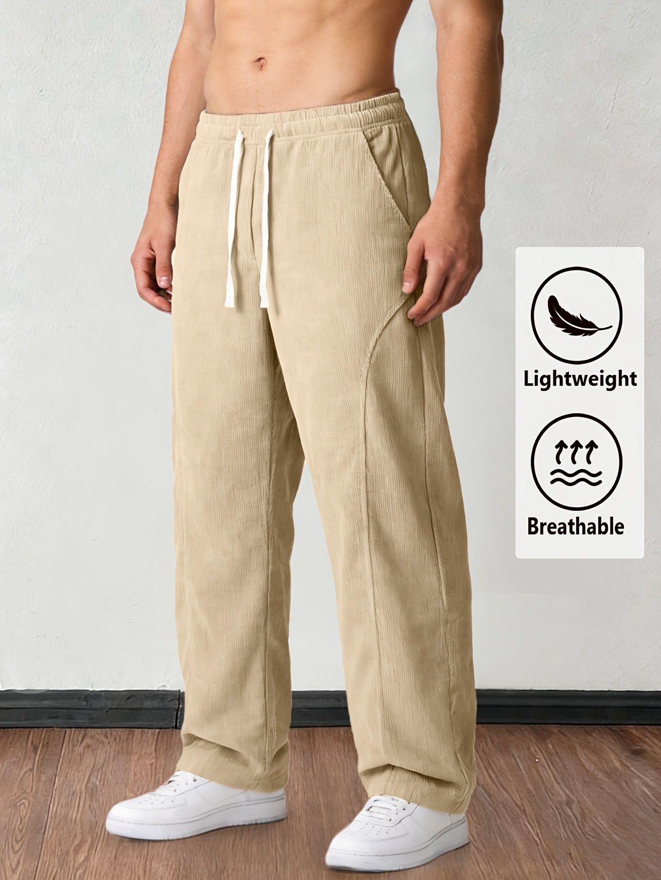 Men'S Solid Corduroy Straight Pants, Retro Pocket And Drawstring Waist, Breathable All-Season Trousers, Casual Daily And Workwear, Machine Washable, Comfortable Straight Fit Pants for Daily Activities