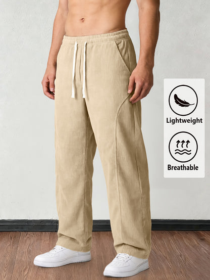 Men'S Solid Corduroy Straight Pants, Retro Pocket And Drawstring Waist, Breathable All-Season Trousers, Casual Daily And Workwear, Machine Washable, Comfortable Straight Fit Pants for Daily Activities