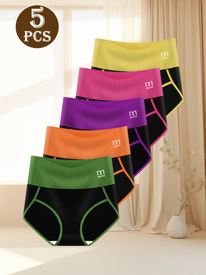 5pcs Women's High Waisted Underwear - Tummy Control Full Coverage Panties with Soft Seamless Briefs, Contrast Color Belt & Striped Minimalist design - Full-Elastic-Rim High- Triangle Briefs for Daily Wear (5pcs)