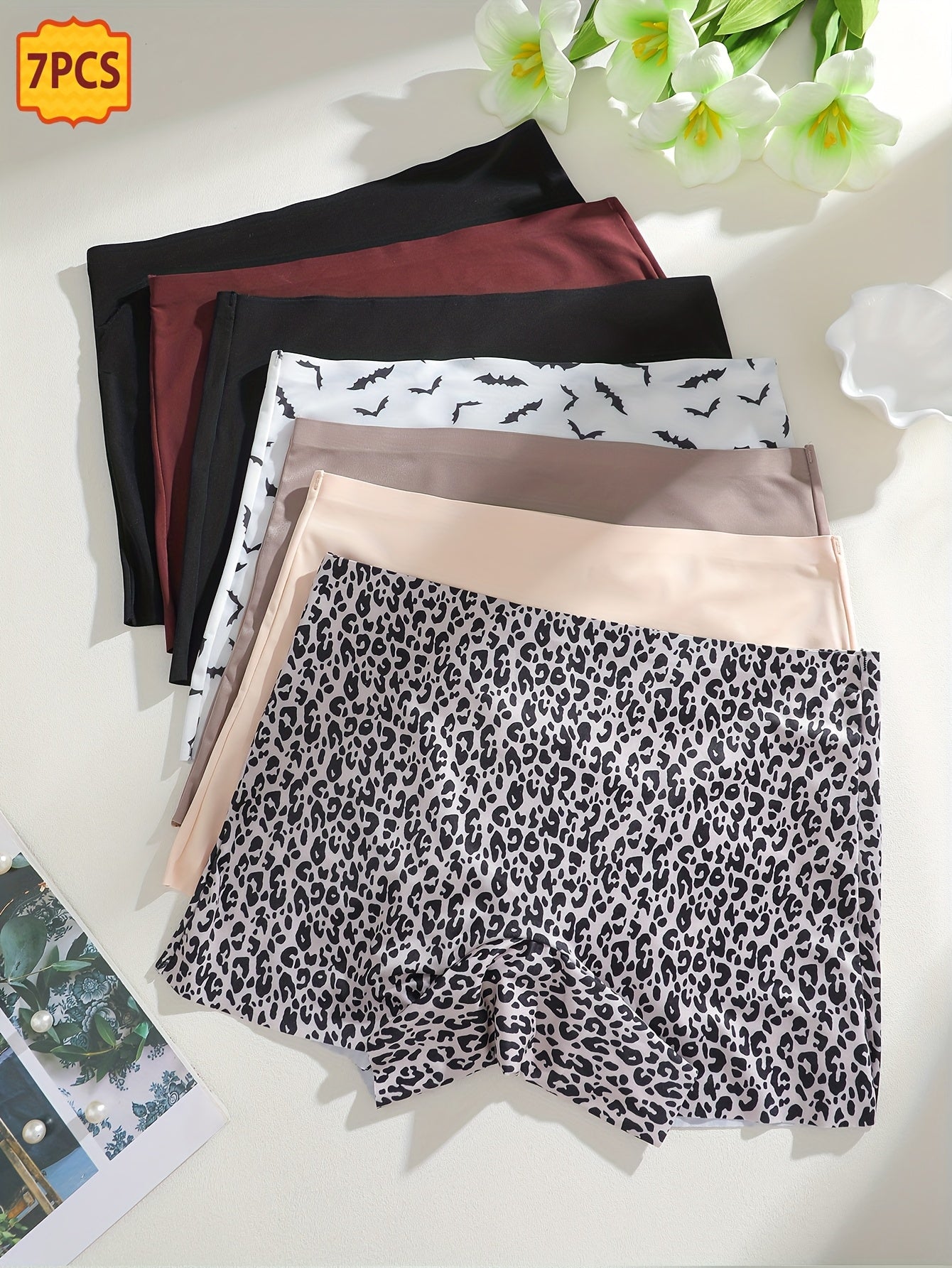 7pcs Women's Seamless Boxer Shorts - Elegant Leopard Print Underwear, Breathable Skin-Friendly Mid-Rise Boxers Suitable for Daily Wear, Casual & Office - Soft Non- Pants for Comfortable Everyday Use