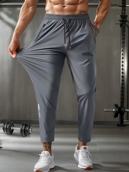 Men's High-Elasticity 7/8 Length Athletic Pants with Drawstring Waist & Zipper Pockets - Moisture-Wicking Workout Joggers for Gym, Running, Casual Wear - 3 Colors (Grey/Green/Black) - Spring Summer Fall Training Pants