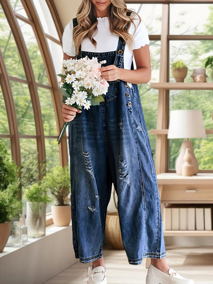 Women's Casual Denim Overalls Loose Adjustable Strap Distressed Bib Jeans Overall Jumpsuits with Pocket