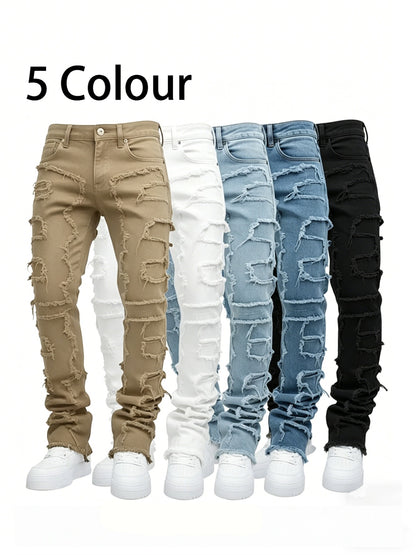 (Available In Five Colors) Teenager Ripped Jeans, Retro Street Style, High Street Patch Fabric, Popular Ripped Jeans, Fashionable Splicing, Slim Fit Jeans, Versatile Straight Jeans 1pc, Perfect for Outdoor, for Teenager