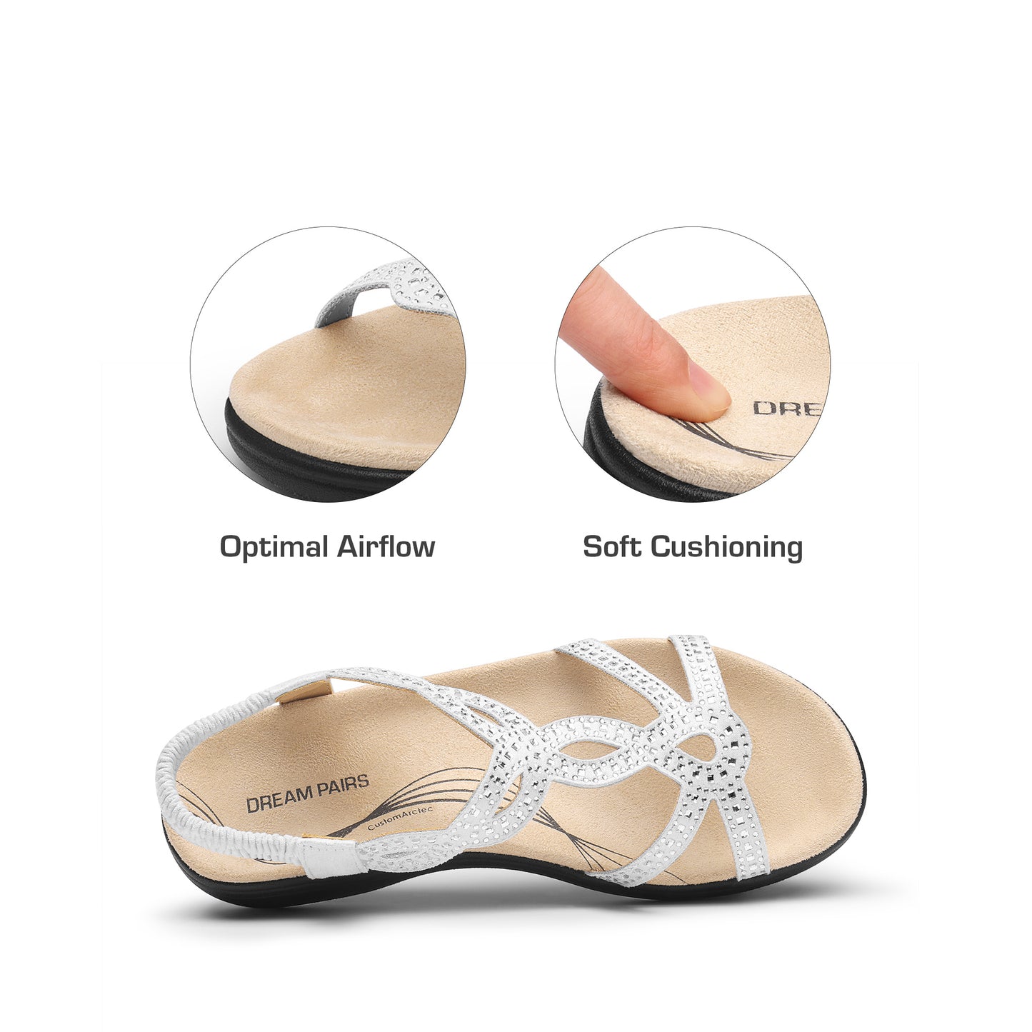 Women's Comfort Dressy Rhinestone Summer Beach Sandals Slip-on Flat Walking Orthopedic Sandals with Elastic Back Strap Soft & Cushioned Day-to-night wear Sandals
