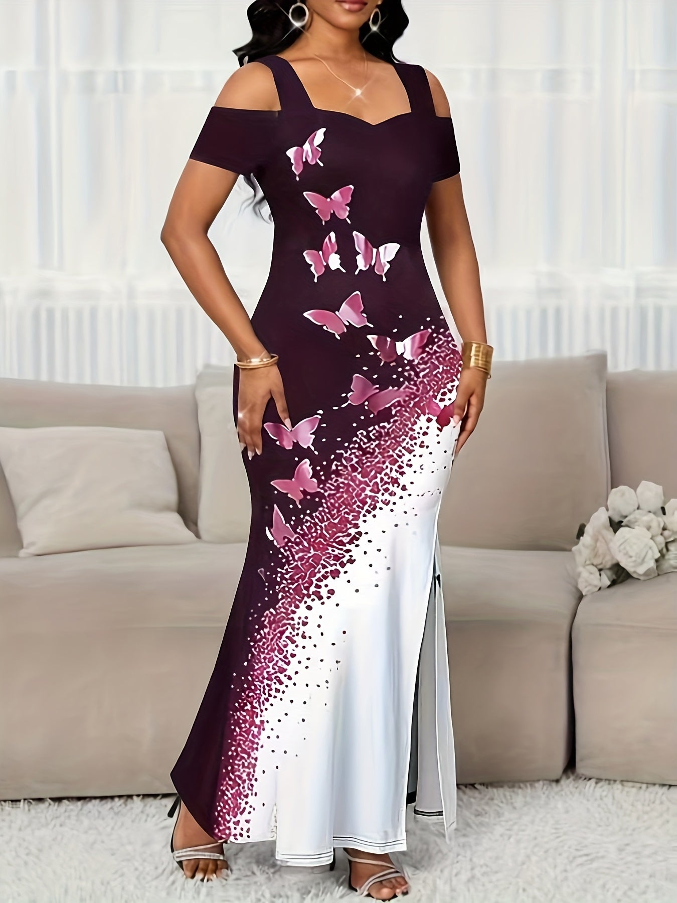 Light Luxury, Charming And Elegant Style, Off-Shoulder Fishtail Long Skirt for Women, Elegant Color-Matching Butterfly Print High-Slit Off-Shoulder Dress, White Carpet Bouquet, Warm And Private Real-Life Shooting, Women'S Sexy Long Skirt