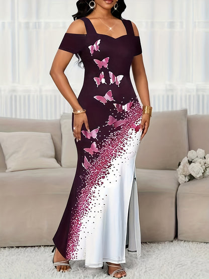 Light Luxury, Charming And Elegant Style, Off-Shoulder Fishtail Long Skirt for Women, Elegant Color-Matching Butterfly Print High-Slit Off-Shoulder Dress, White Carpet Bouquet, Warm And Private Real-Life Shooting, Women'S Sexy Long Skirt