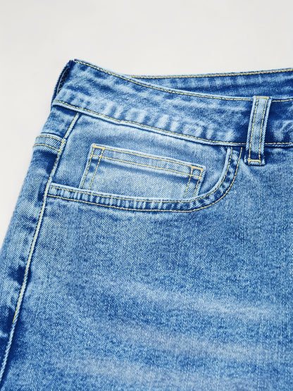 Solid Color Washed Raw Hem Flip Side Pocket Denim Cropped Pants Retro Fashion Niche Slim Joker Style Women'S Denim Shorts.