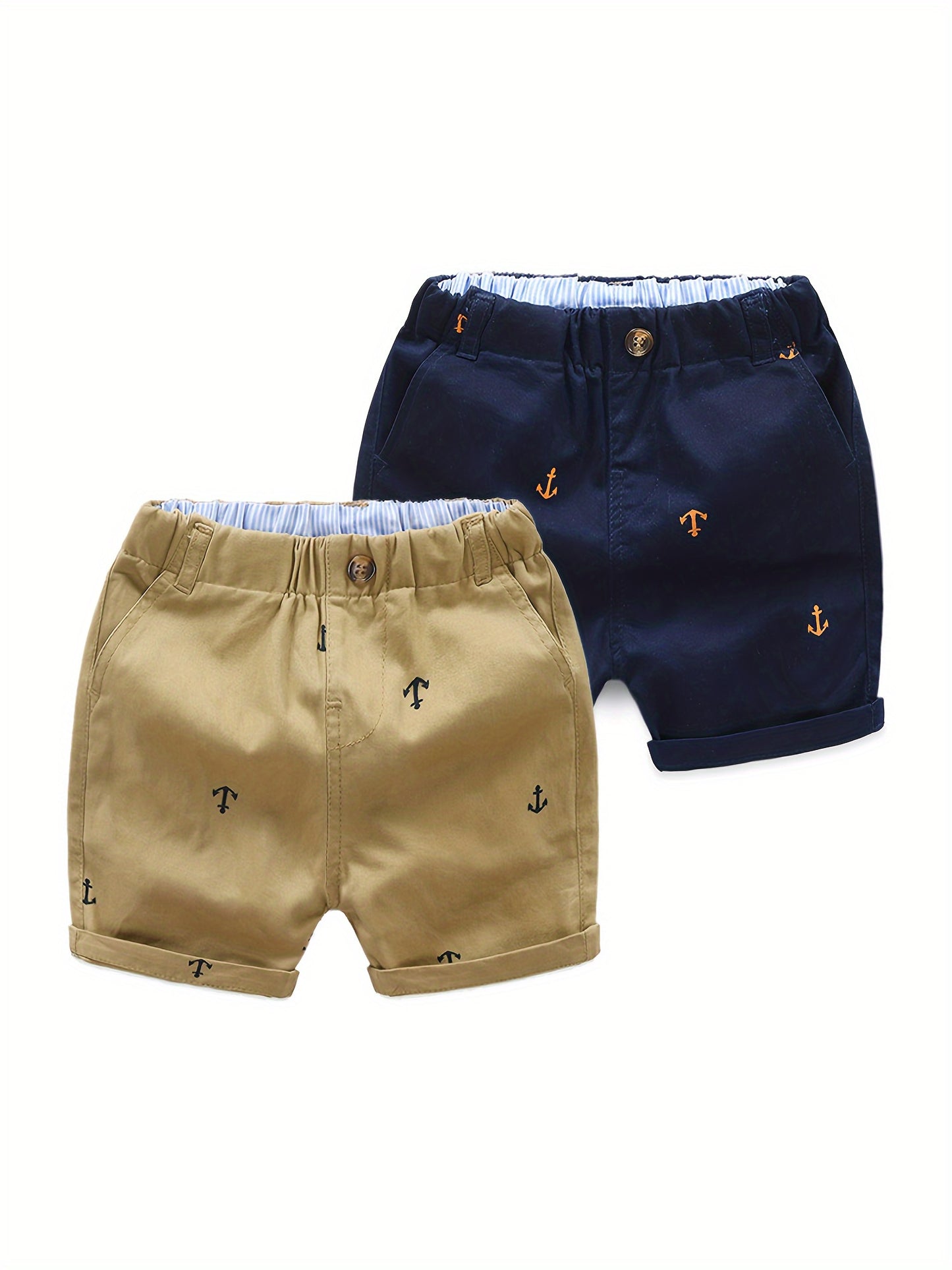 2-Pack Toddler Boys' Athletic Shorts With Pockets - Pull-On Design Active Adorable Anchor-Print, Soft And Breathable Casual Summer Shorts For Kids 1-7 Years, for Outdoor
