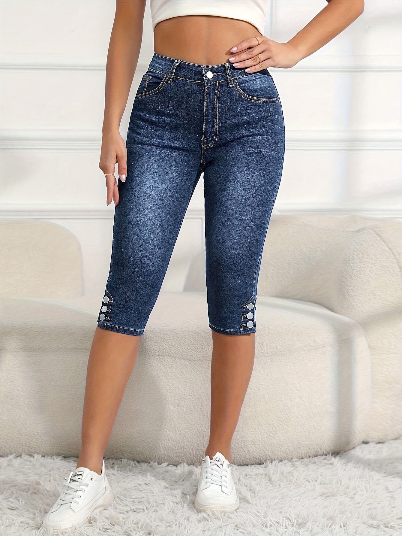 Women's Cropped Elastic Denim Mid Length Pants with Button Closure And Functional Pockets, Casual Style Cut Jeans, Comfortable for Daily Use