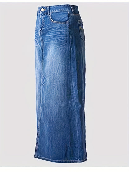 Long Denim Skirt for Women Casual A-Line Denim Maxi Skirt Stretch High Waisted Jean Skirt with Pocket