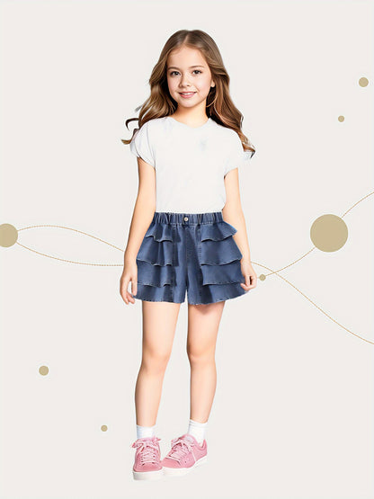 Girls' Blue Cotton Ruffle Shorts - product view 11