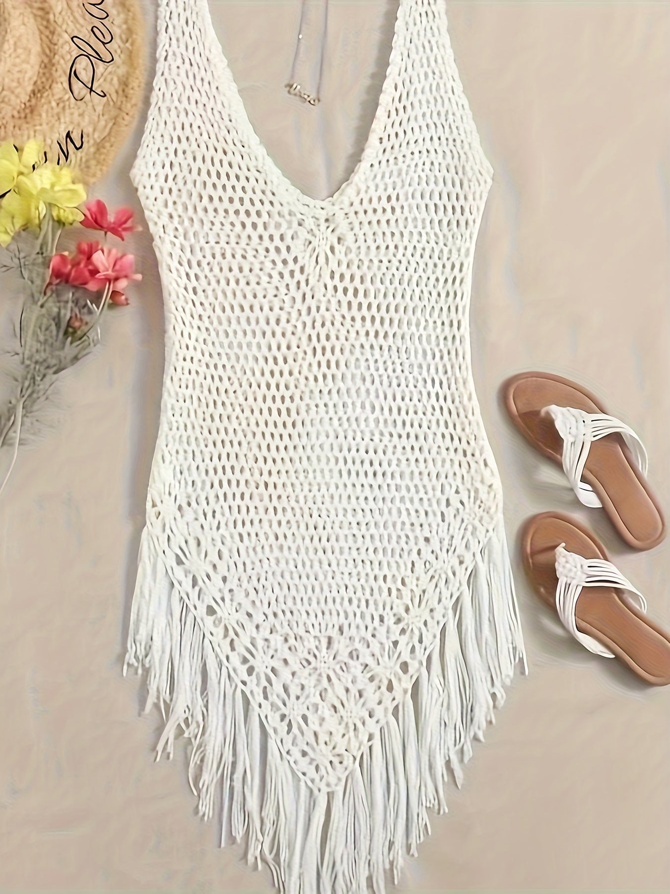 Boho Beach Hollow Cover Up Bodycon Dress - Women's Sleeveless Crochet Dress with Tassel