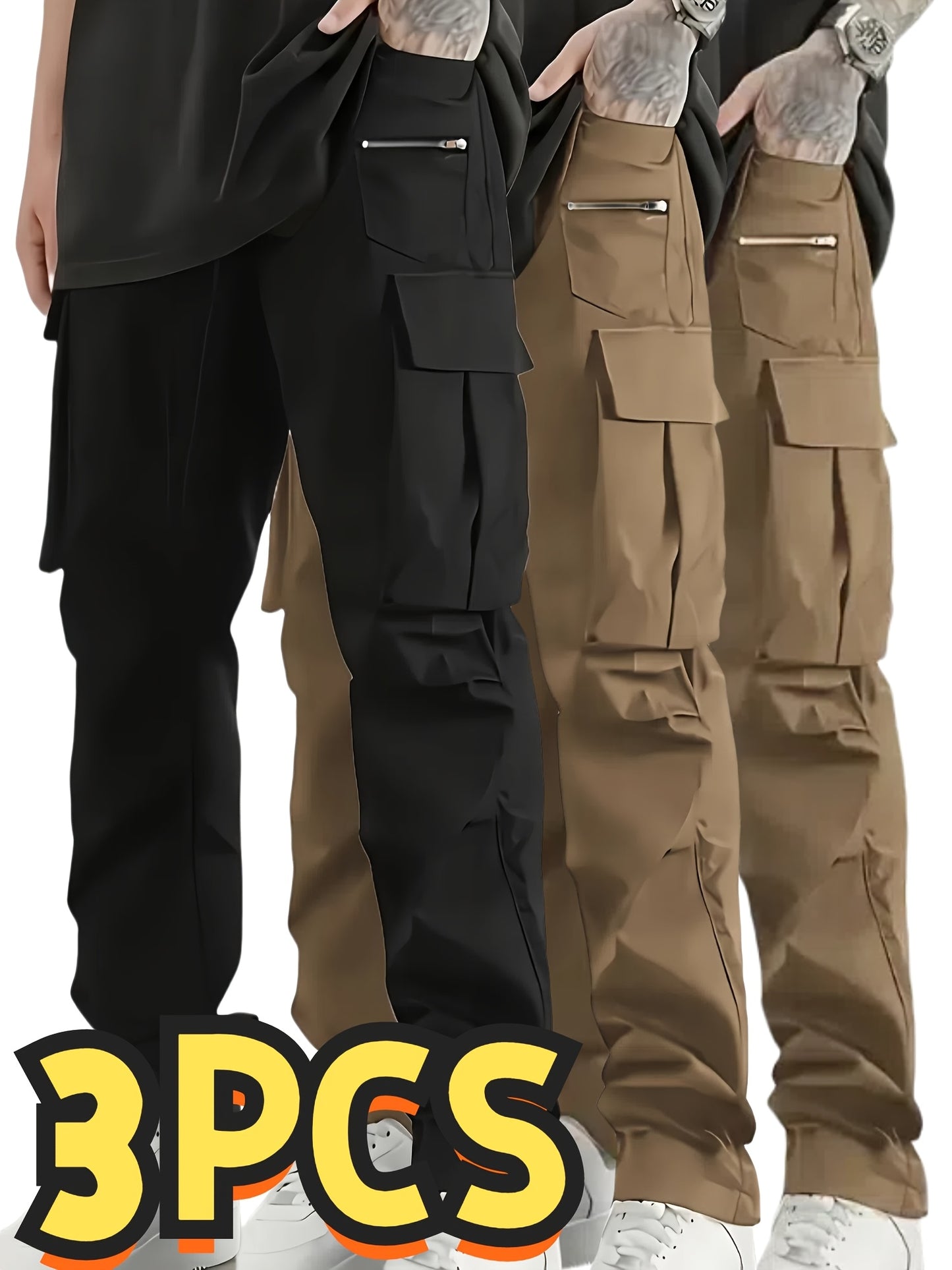 Set of 3 Men'S Relaxed Fit Work Trousers, Casual Cargo Style, Airy And Comfortable Loose Straight Leg Pants Featuring Various Pockets Suitable for All Seasons - Casual Outdoor Trousers Ideal for Hiking And Fishing
