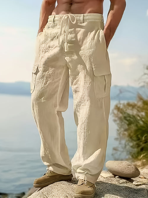 Men'S Spring/Summer Thin Breathable Casual Pants, Loose Fit, Solid Color, Drawstring Wide-Leg Trousers