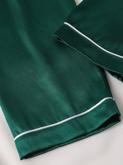 Solid Satin Pajama Set, Casual Short Sleeve Buttons Lapel Top & Shorts, Women'S Sleepwear