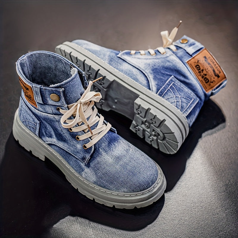 1 Pair of Men's High-top Casual Sports Denim Boots - Solid Color Round Toe Lace-up Design, Durable Washed Canvas Upper, Breathable Fabric Lining and Cushioned Insole, Non-slip Sole, Suitable for All-season Outdoor and Urban Style Wear