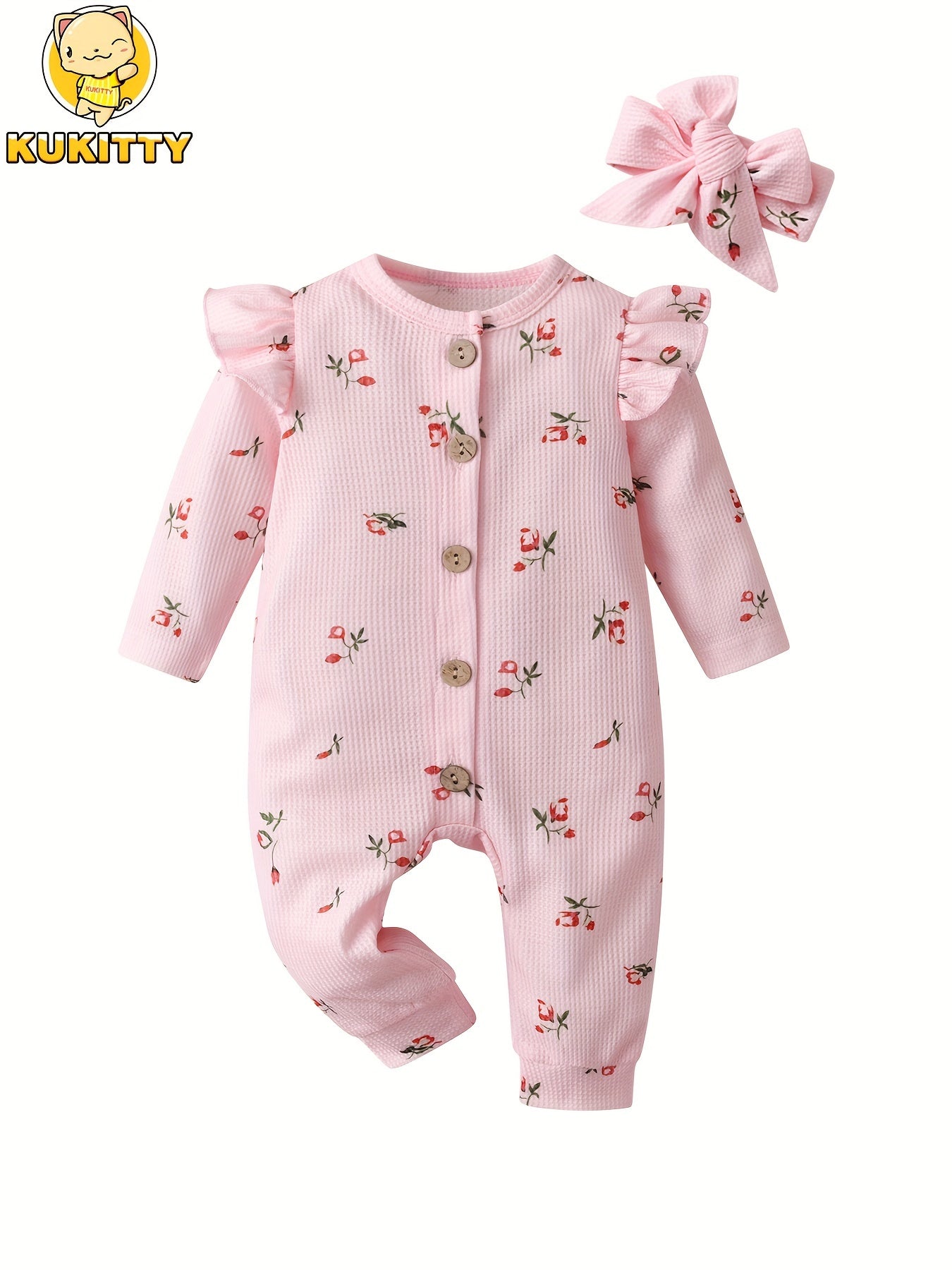 Kukitty Newborn Baby Girl Waffle Fabric Romper Ruffle Long Sleeve Floral Print Button Jumpsuit with Headband, for Outdoor