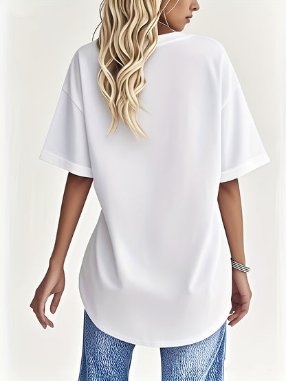 Two-Piece Set, Women'S Casual V-Neck Short-Sleeve Top- Loose Fit Stretchy T-Shirt, Solid Color, Machine Washable, Versatile And Comfortable for Spring And Autumn