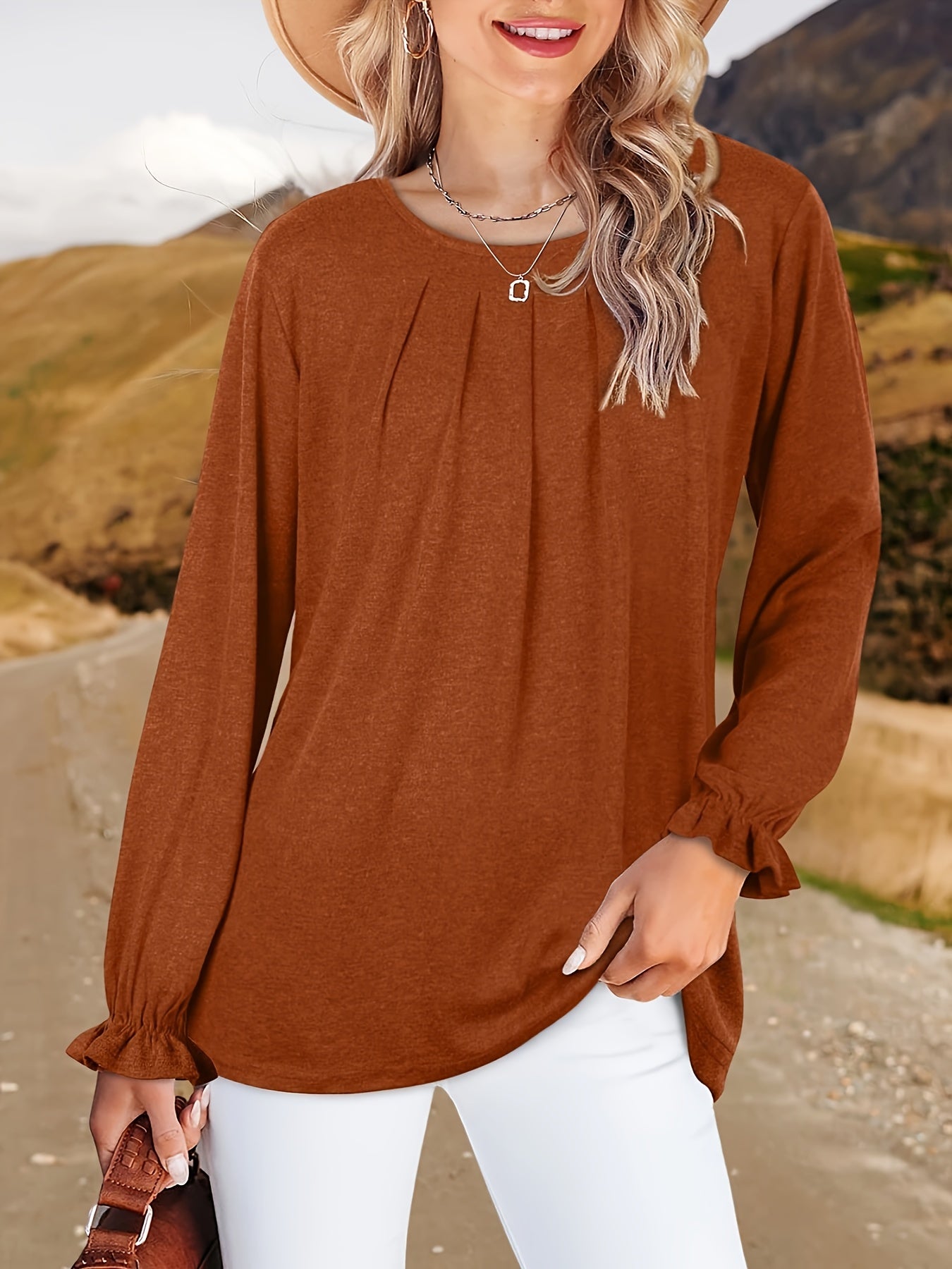 Womens Tops Dressy Casual Pleated Ruffle Long Sleeve Shirts Loose Fitting Blouses Tunic Tops