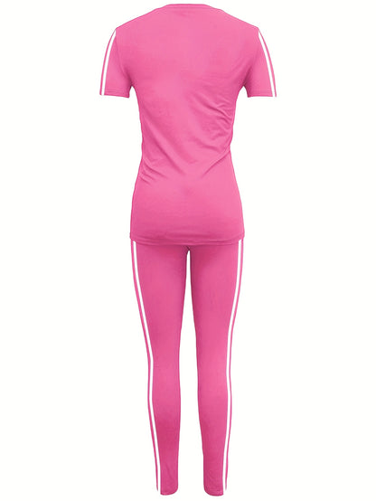 Women's Two-piece Casual swear Striped Edge Short Sleeved Round Neck Pullover, Slim Fit Striped Edge Pants Set, s Suit