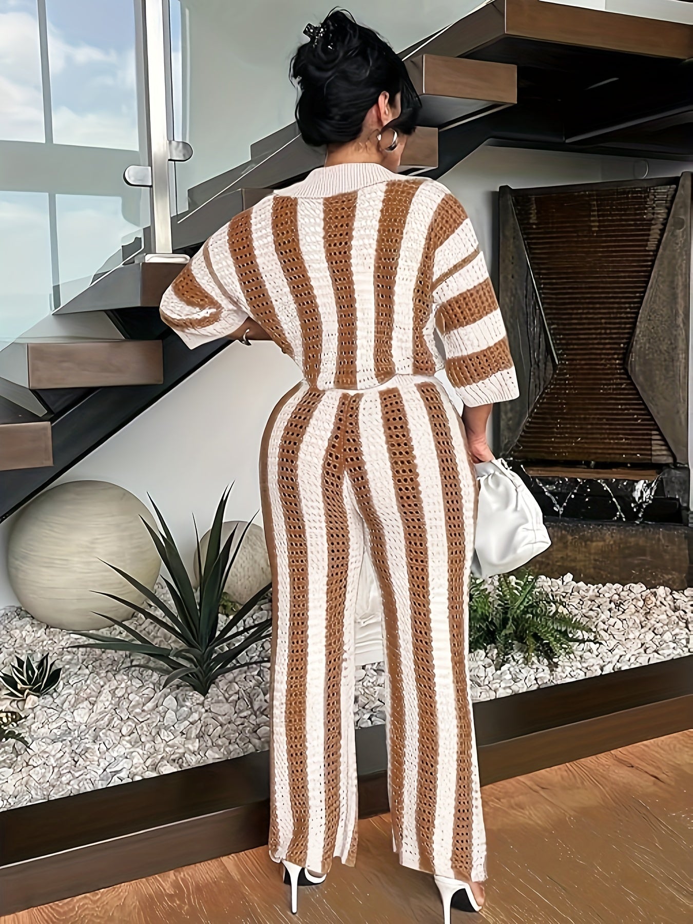 Casual Striped Eyelet Pantsuits, Button Front 3/4 Sleeve Loose Top & Wide Leg Pants Outfits, Women's Clothing