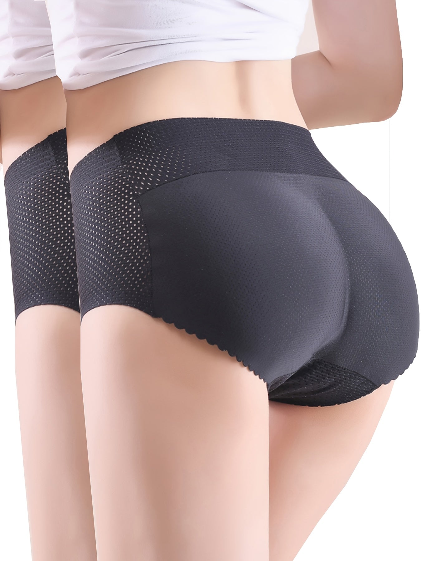 2pcs Solid Fake Butt Padded Seamless Shaping Panties with Scallop Trim, Comfy & Breathable Butt Lifting Panties, Women's Underwear & Shapewear