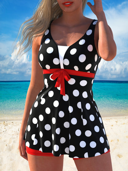 Women'S Polka Dot Print Sleeveless Swimsuit Set, Off Shoulder Design, Made Of High Stretch Polyester And Spandex Fabrics, Knitted Swimsuit With Shorts, Suitable For Beach Wear