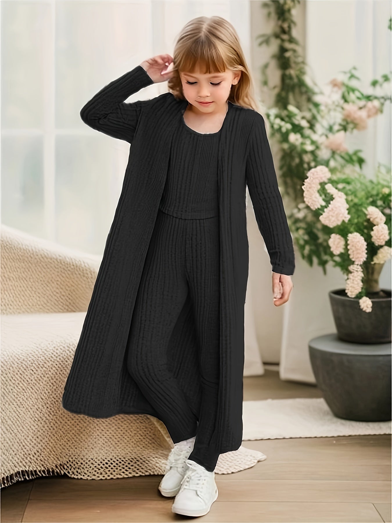 Stretchy Knitwear 3pcs Girls, Long Sleeve Shawl Knit Cardigan + Top + Leggings Kids Gift, perfect for casual outdoors & walking dog, Perfect for Outdoor