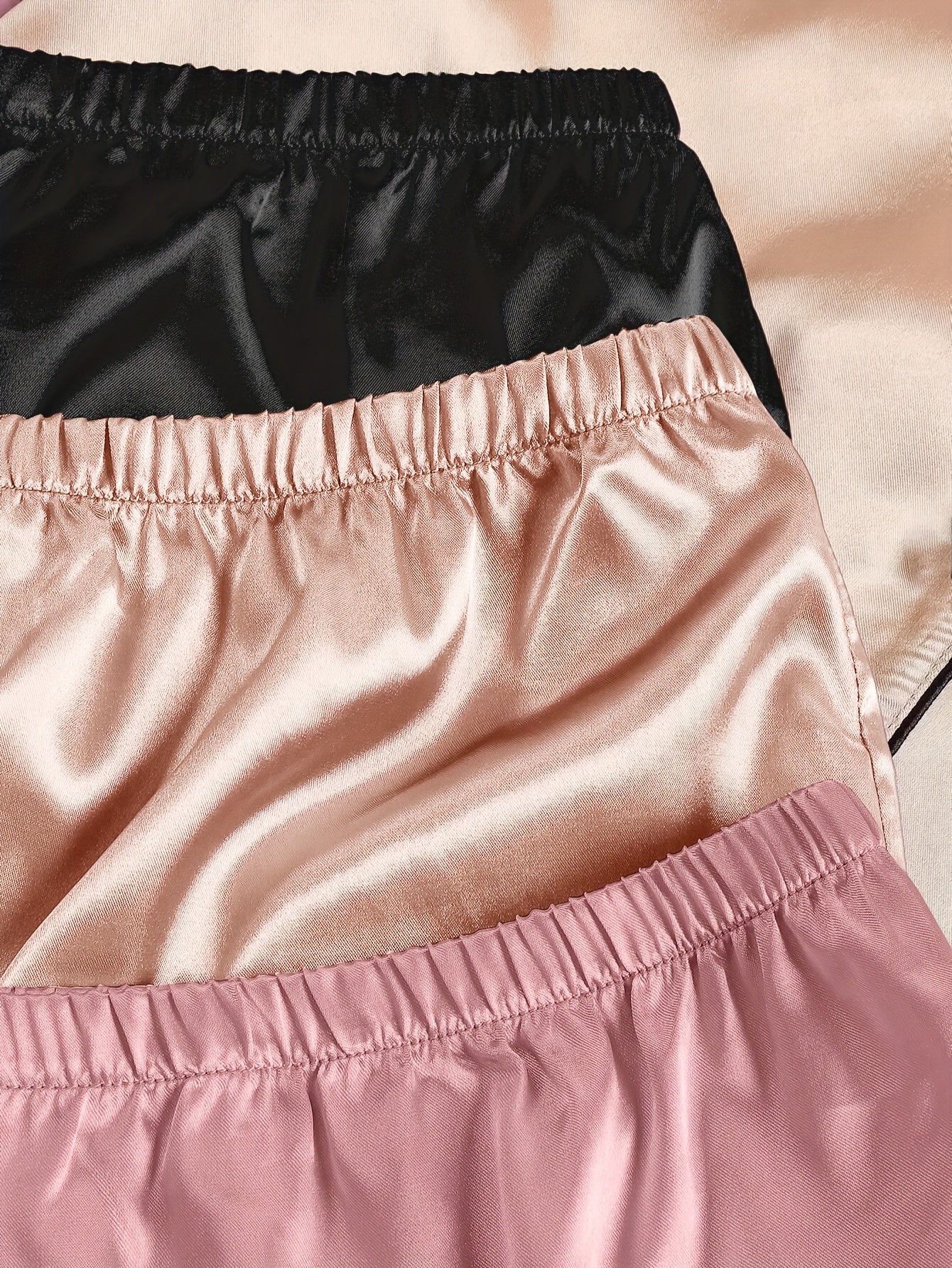 Casual, Fashionable, and Comfortable 6pcs Set in 3 Colors: Solid, Plain, Satin, and Satin Trim Short-Sleeve Shirt & Elastic Waist Shorts Pajama Set