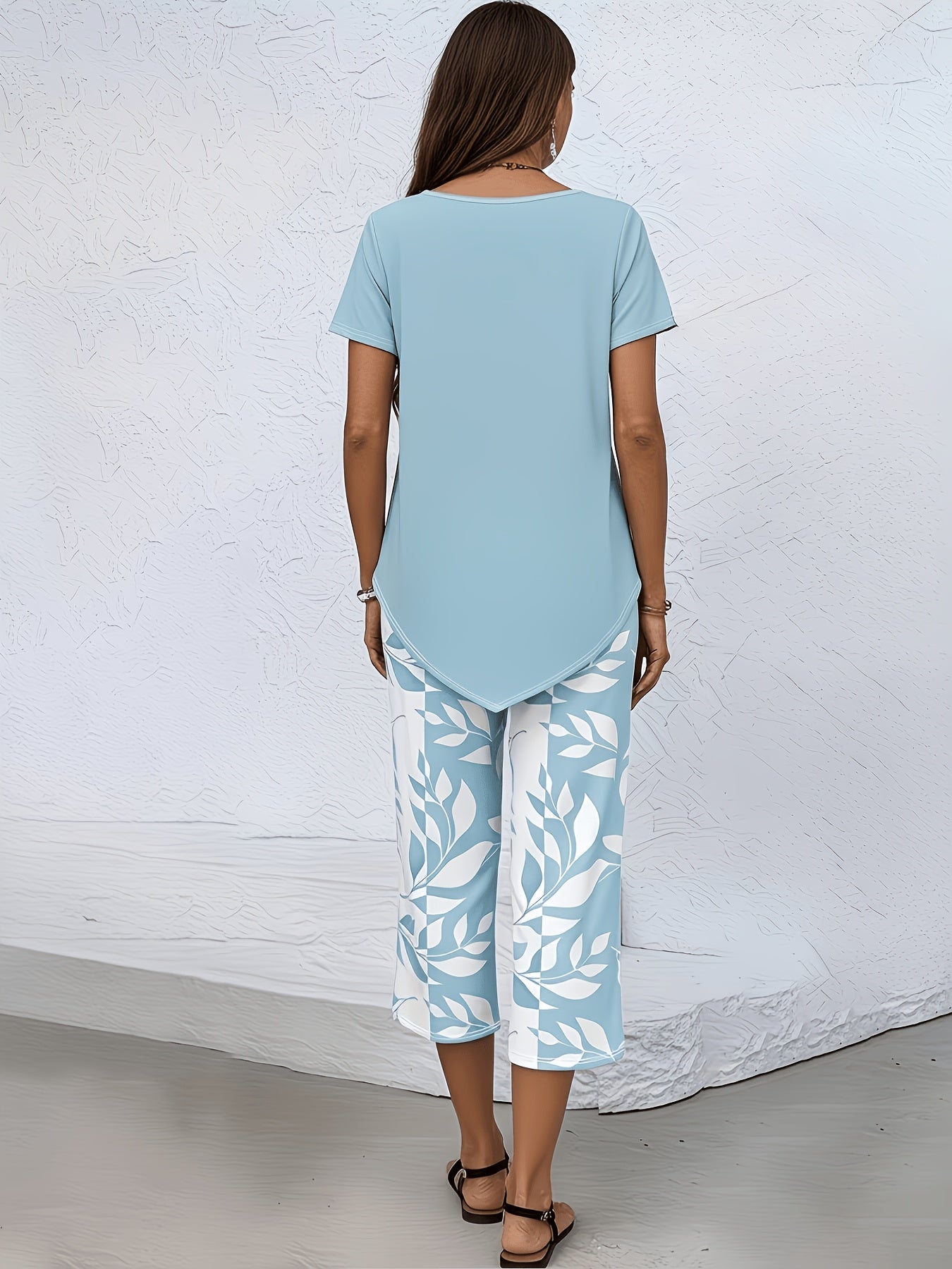 Elegant Casual Sky Blue 2pcs Set for Women Spring & Summer - Short Sleeve Crew Neck Top with Blue & White Leaf Print, Seven-Point Wide-Leg Pants, Loose & Comfortable, Versatile for Daily Wear, Home & Commute