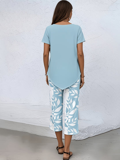 Elegant Casual Sky Blue 2pcs Set for Women Spring & Summer - Short Sleeve Crew Neck Top with Blue & White Leaf Print, Seven-Point Wide-Leg Pants, Loose & Comfortable, Versatile for Daily Wear, Home & Commute