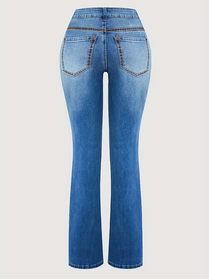 HME Women'S Classic Elegant Stretch Jeans in Solid Color with Washed End (Belt Not Included)