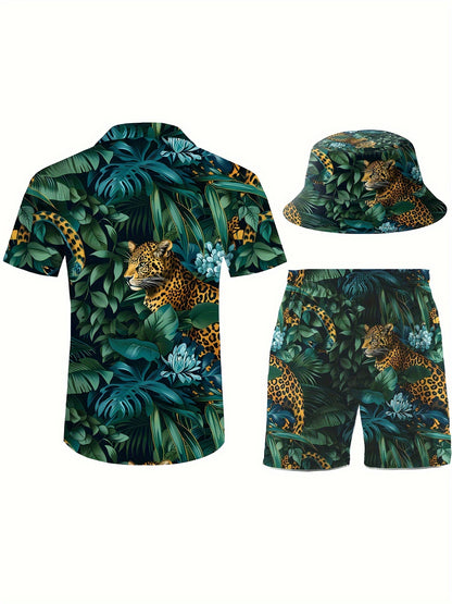 Men'S 3pcs Retro Outfit Beach Set, Tiger in Jungle Sportswear, Hawaiian Sportswear Set, Shirt Beach Shorts And Fisherman Hat Bucket Hat