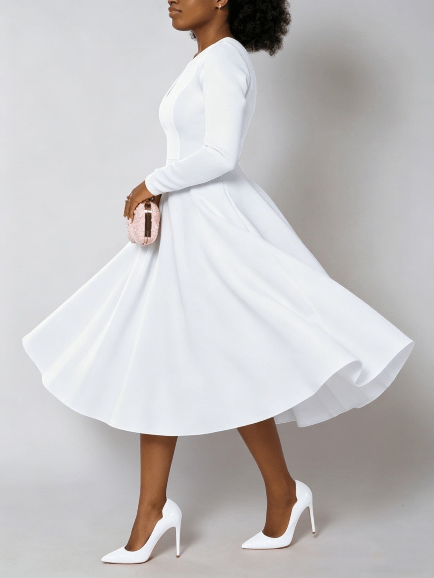 Plus Size - Plus Size Women'S Solid Color Round Neck Long Sleeve Back Pleated Flared Dress Autumn And Winter Elegant Long Dress