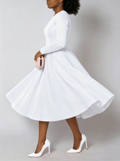 Plus Size - Plus Size Women'S Solid Color Round Neck Long Sleeve Back Pleated Flared Dress Autumn And Winter Elegant Long Dress
