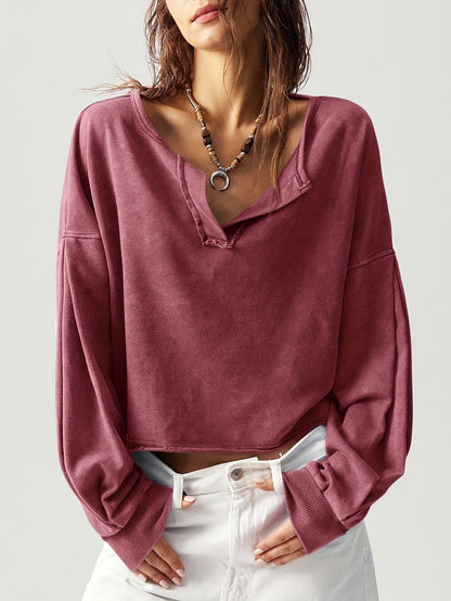 Casual Solid Color V-Neck Long Sleeve Loose Fit Women Sweatshirt Fall Tops Women Cropped Sweatshirt Long Sleeve Tops Comfy Tops Tops for Women
