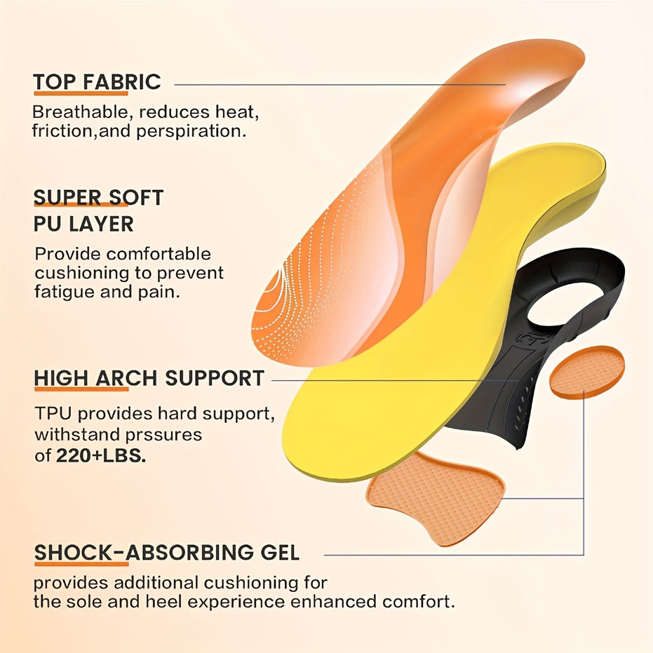 Robust Ergonomic Insoles with Arch Support Suitable for Both Men And Women, Made from Breathable And Durable PU Material. Designed for Heel Stability, These Insoles Are Ideal for Sneakers And Work Boots