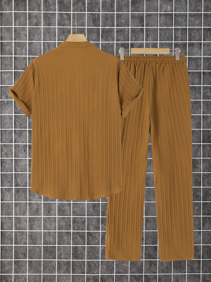 Men's 2pcs Striped Shirt and Trousers Set, Regular Fit, Casual and Comfortable, Striped Short-sleeve Shirt, Button- Lapel Shirt, Suitable for Daily Wear and Beach Vacations