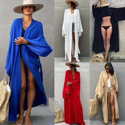 Women's Beige Kimono Cardigan - Casual V-Neck, Long Sleeve with Tie Waist, Lightweight Beach Cover-Up Dress, Breathable & Semi-Sheer for Vacation Layering, Casual Layering Piece|Flowing Beachwear|Breathable Fabric