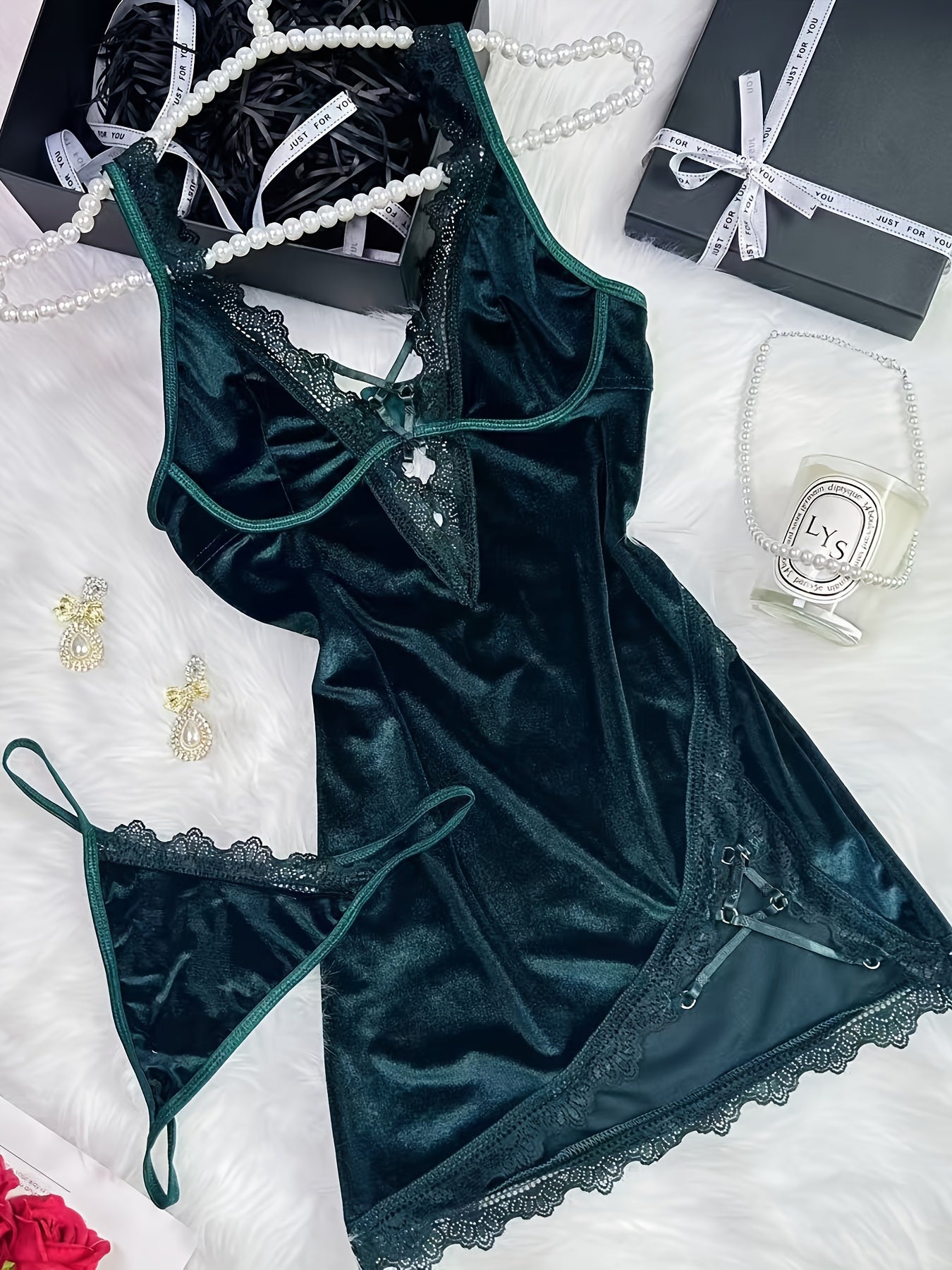 New Spring/Summer Gift: Light Luxury High-End Solid Color Lace Patchwork Tie-Up V-Neck Side-Slit Backless Slim-Fit Velvet Dress. Soft and Comfortable Fabric, Light Luxury and High-end