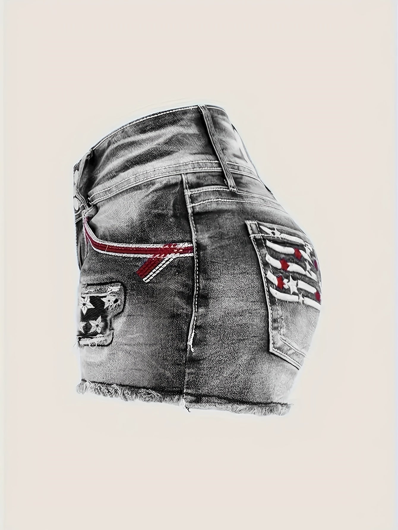 Women's High-Elasticity Embroidered Distressed Denim Shorts - Casual Stretch Fit with Raw Hem, Star Pattern & Patchwork Details, Machine Washable Spring/Summer Shorts, Summer Casualwear, Highelasticity Fabric, Embroidered Details