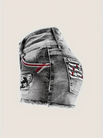 Women's High-Elasticity Embroidered Distressed Denim Shorts - Casual Stretch Fit with Raw Hem, Star Pattern & Patchwork Details, Machine Washable Spring/Summer Shorts, Summer Casualwear, Highelasticity Fabric, Embroidered Details