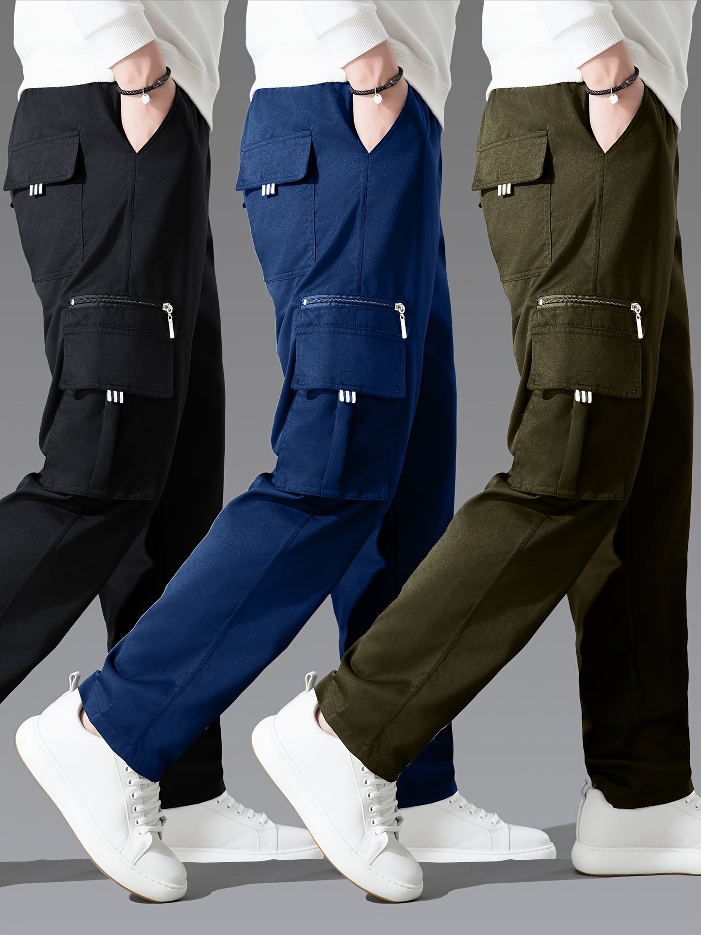 3pcs Men'S Casual Solid Color Cargo Pants, Polyester Non-Stretch Woven Fabric, Multiple Pockets, Regular Fit, Spring/Fall Season, Hiking & Outdoor Scene, Weekend Casual Occasion, Thick