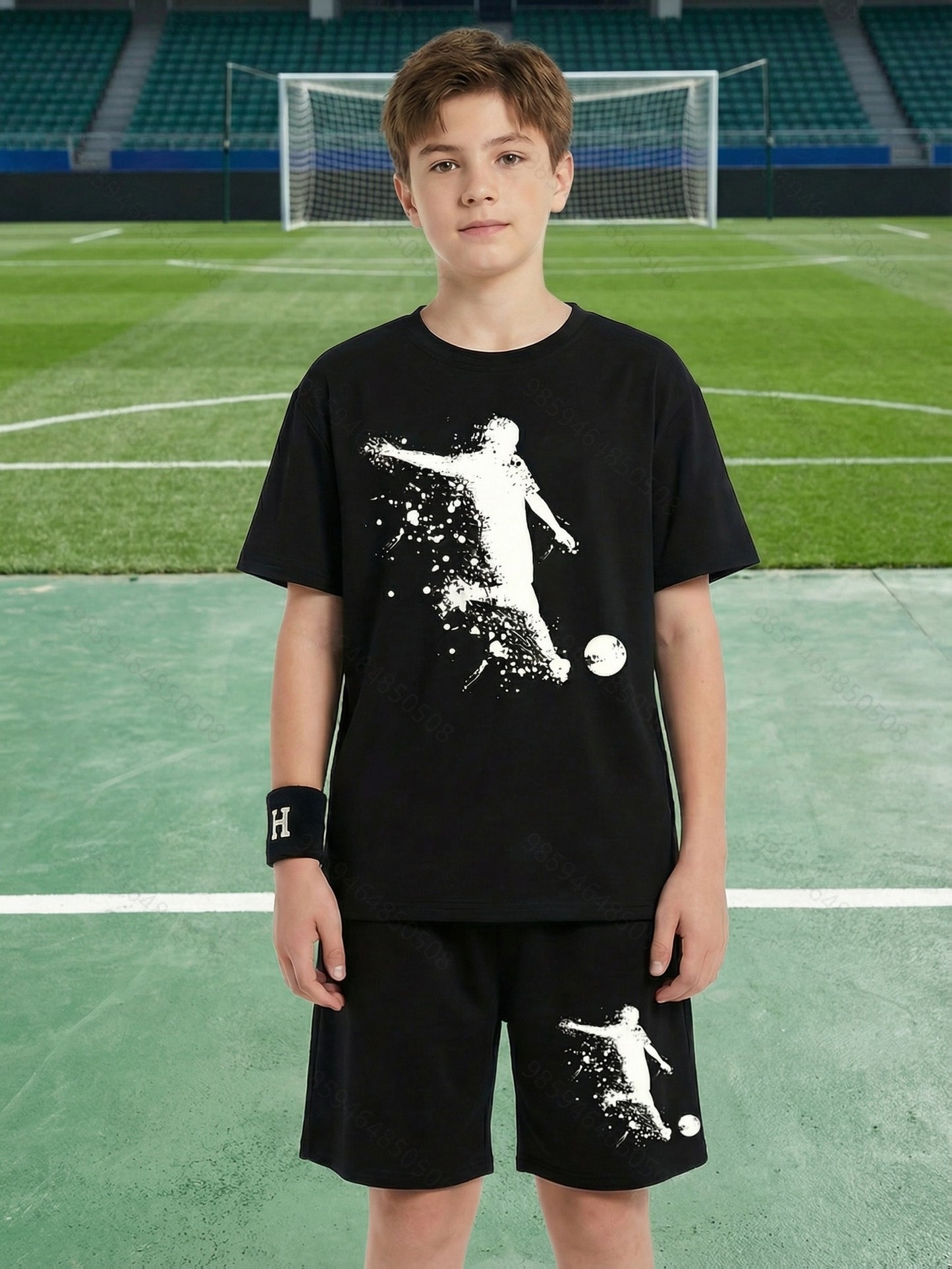 Youth Athletic T-Shirt and Shorts Set - Comfortable Polyester, Soccer Player Silhouette Design, Crew Neck, Short Sleeve, Ideal for Training & Outdoor Activities, Running Gear|Casual Style|Applique Detai, for Outdoor