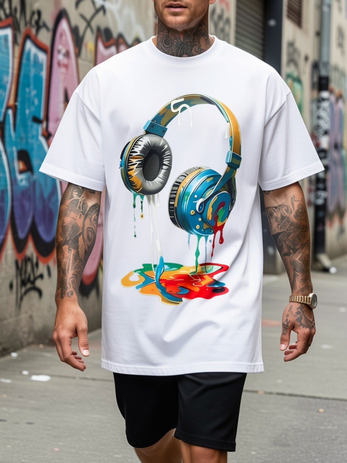 Men'S Streetwear Graphic T-Shirt | Vibrant Headphones and Paint Splatter Print, Breathable Fabric, Loose Casual Summer T-Shirt, Machine Washable, Casual Wear