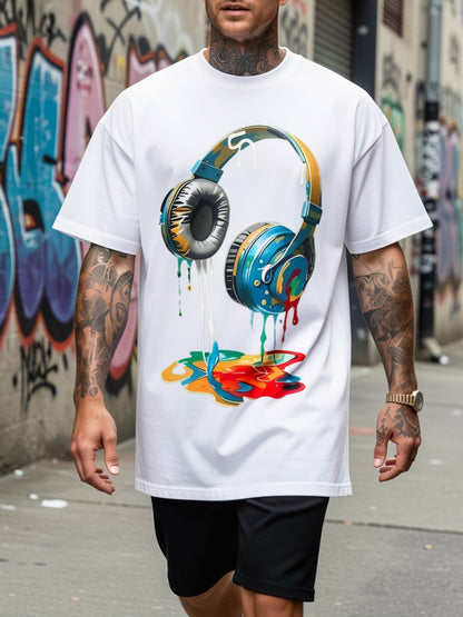 Men'S Streetwear Graphic T-Shirt | Vibrant Headphones and Paint Splatter Print, Breathable Fabric, Loose Casual Summer T-Shirt, Machine Washable, Casual Wear